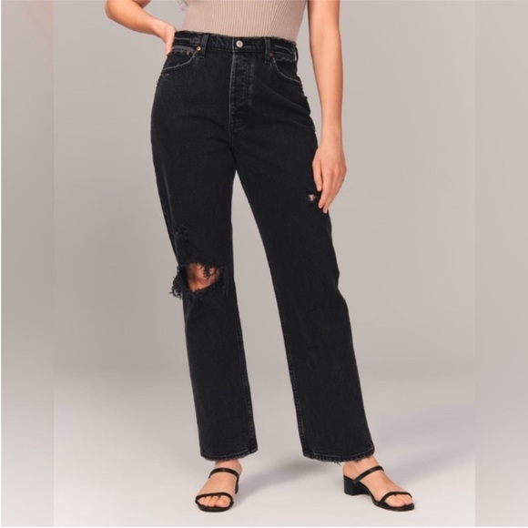 Abercrombie & Fitch Curve Love Washed Black Distressed High Rise Dad Jean - Picture 1 of 8